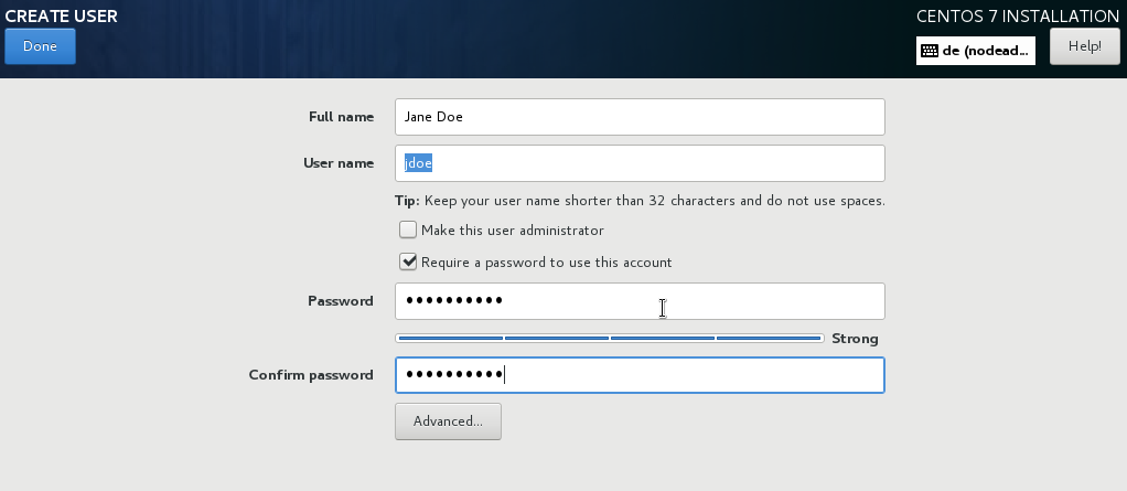 User Account Configuration Screen