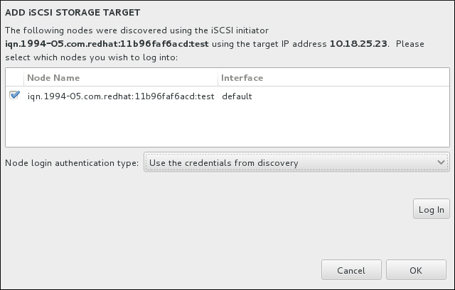 The Dialog of Discovered iSCSI Nodes