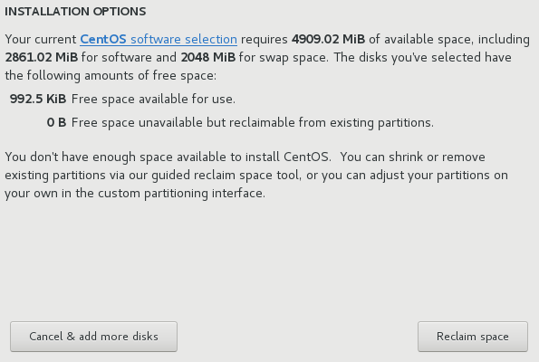 There is not enough room to install CentOS so the Installation Options dialog asks if you want to reclaim space from other partitions.