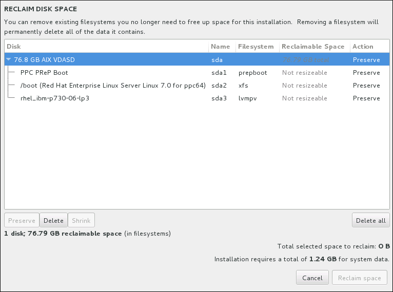 This dialog allows you to preserve / shrink / delete existing file systems to generate necessary space for the installation.