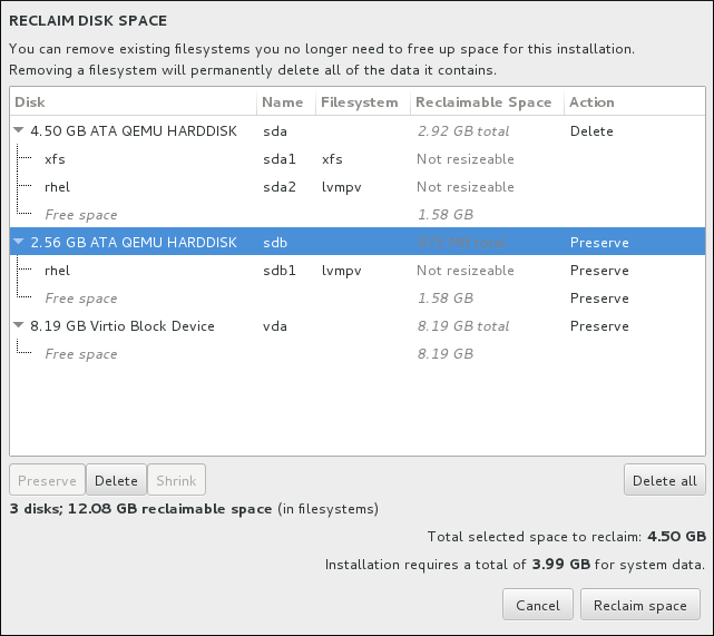 This dialog allows you to preserve / shrink / delete existing file systems to generate necessary space for the installation.