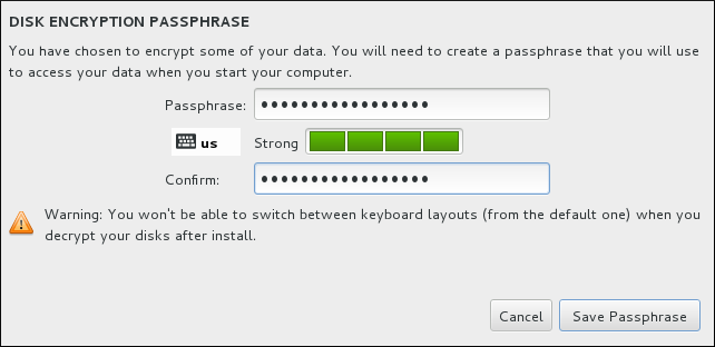 The dialog contains text boxes to enter a passphrase and to confirm it.
