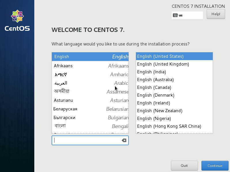 Language selection screen