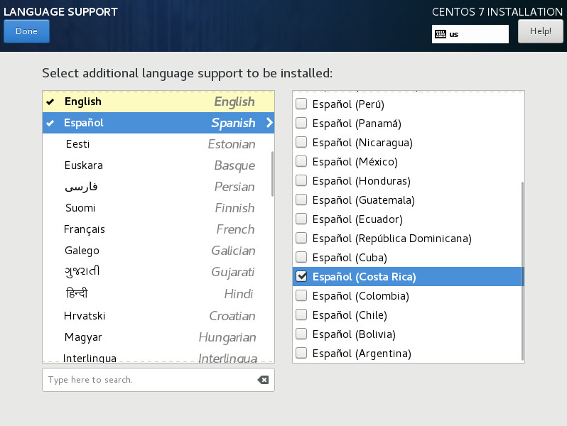 Language support configuration screen.