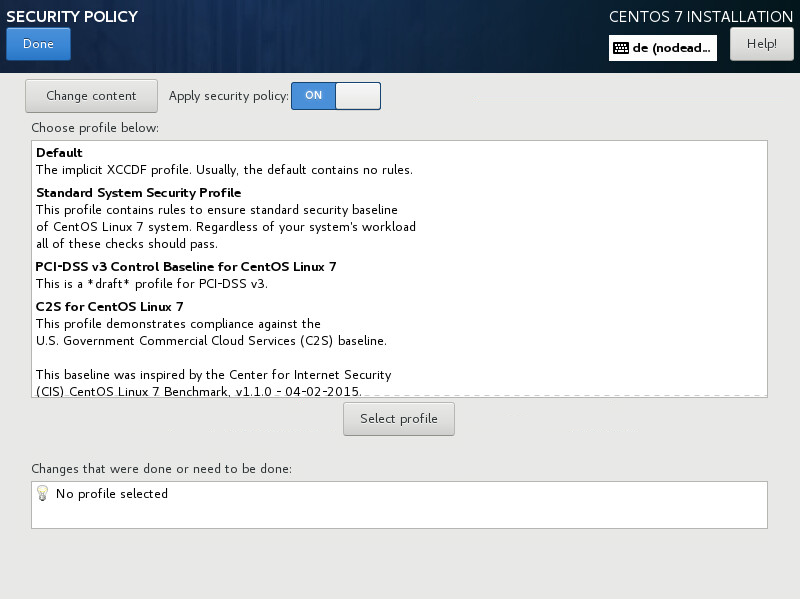 The Security Policy screen showing profiles available for selection.